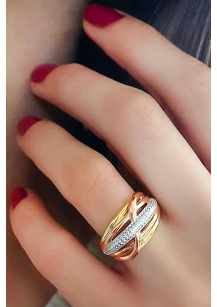 Altın işçiliğinde italyan tasarımı gümüş 3 renk lüks yüzük