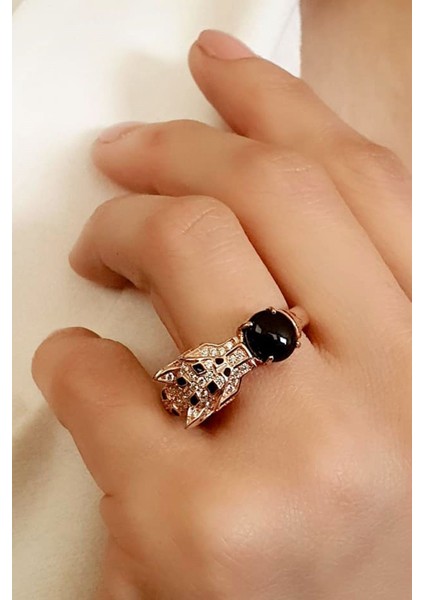 Lacivert Zirkon Taşlı 925AYAR Gümüş Rose Lüks Kaplan Yüzük