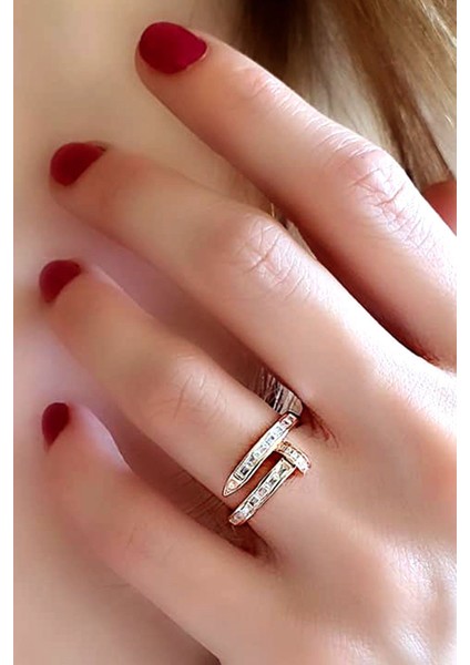 Baget Zirkon Taşlı Italyan Tasarımı 925 Ayar Gümüş Rose Çivi Yüzük
