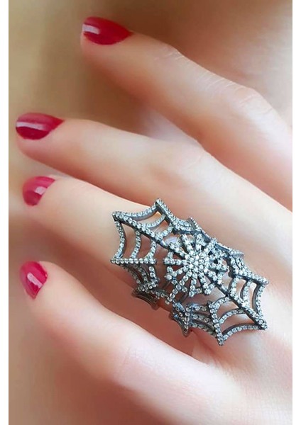 İtalyan tasarımı 925 ayar gümüş siyah rodajli pırlanta ışıltısında zirkon taşlı örümcek ağı ayarlanabilir yüzük