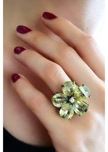 yeşil zirkon taşlı 925 ayar gümüş çiçek yüzük