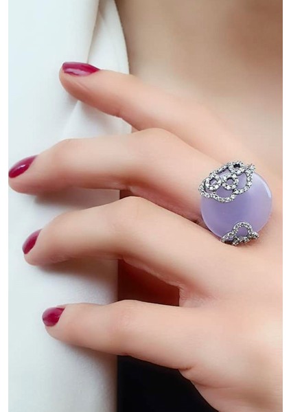 Kalsedon taşlı zirkon taş detaylı italyan tasarımı gümüş yüzük