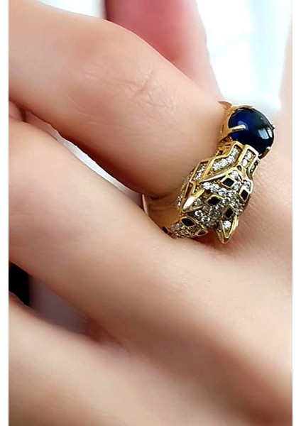 Mavi zirkon taş detaylı Kaplan figürlü İtalyan tasarimi gümüş üzerine altın kaplama yüzük fiyatları