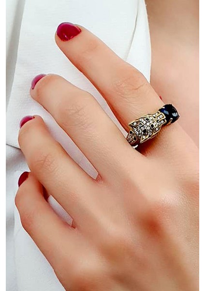 Mavi zirkon taş detaylı Kaplan figürlü İtalyan tasarimi gümüş üzerine altın kaplama yüzük fırsatları