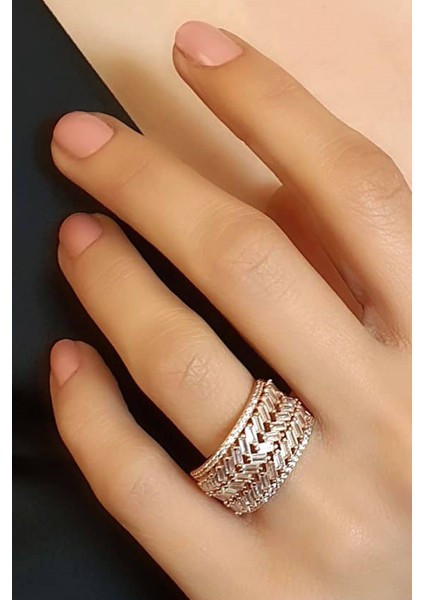Baget Kesim Zirkon Taşlı 925 Ayar Gümüş Rose Lüks Yüzük