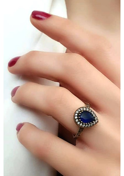 Lacivert zirkon taşlı gümüş otantik damla yüzük