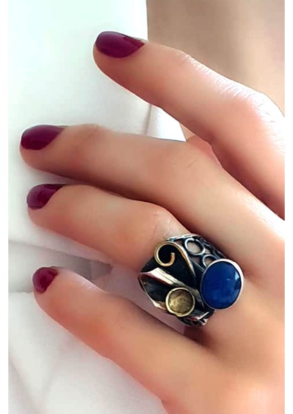 Mavi akik taşlı tasarım el işi gümüş yüzük