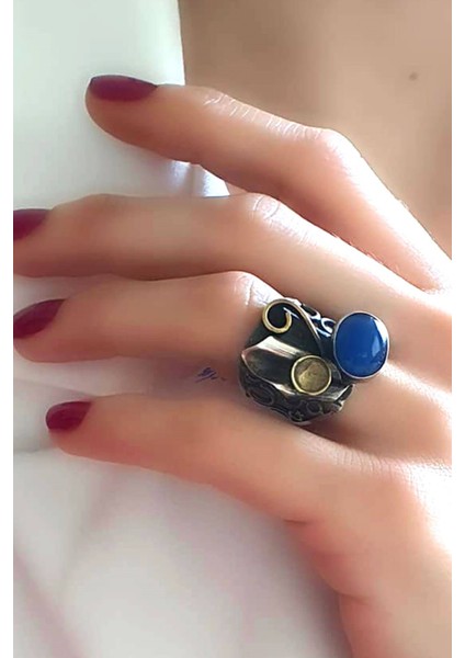Mavi akik taşlı tasarım el işi gümüş yüzük indirimleri