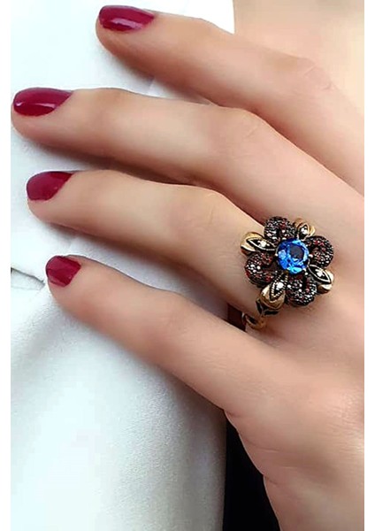 Granat Aquamarin Taşlı Gümüş Rose Yüzük
