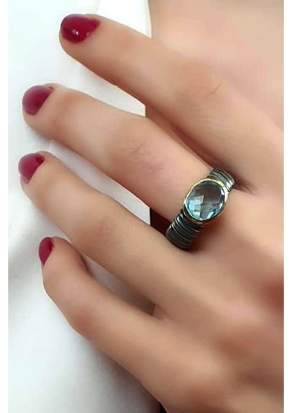 Aquamarin taşlı gümüş el işi tasarım yüzük