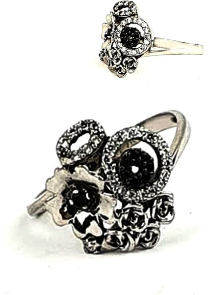 Oniks zirkon taş detaylı çiçek figürlü İtalyan gümüş yüzük fiyatları