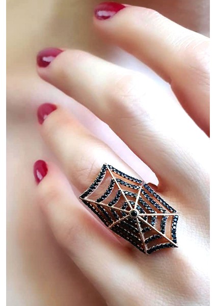 Oniks taşlı 925 ayar gümüş rose örümcek ağı yüzük