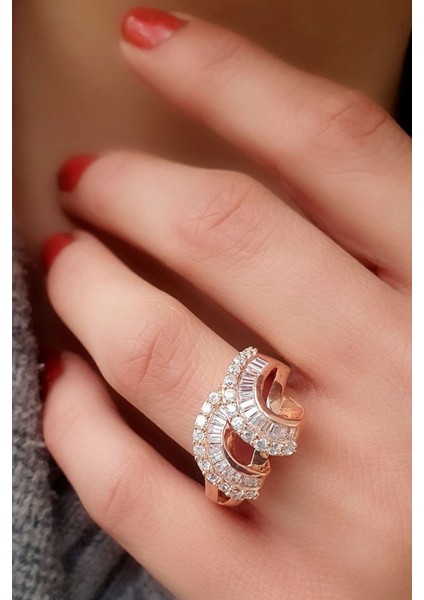 Zirkon Taşlı Baget 925 Ayar Gümüş Rose Yüzük fiyatları