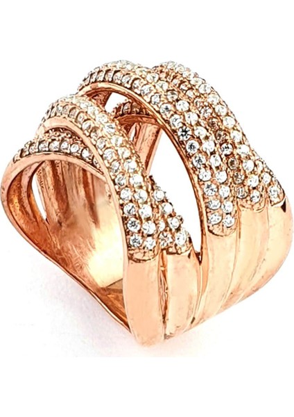 Pırlanta Parlaklığında Zirkon Taşlı 925ayar Gümüş Rose Altın Kaplama İtalyan Tasarımı Atlamalı Yüzük indirimleri