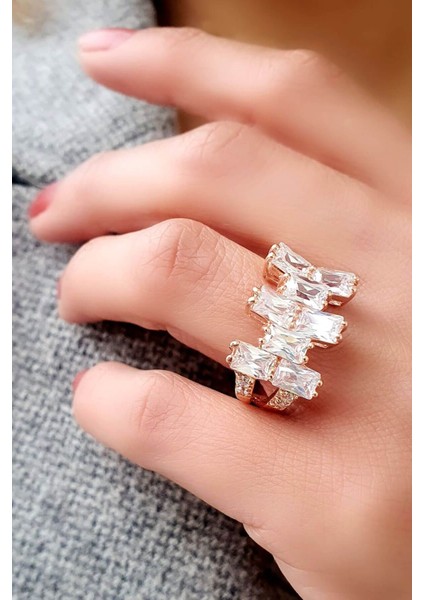 Baget Zirkon Taşlı 925ayar Gümüş Rose Altın Kaplama Tasarım Yüzük
