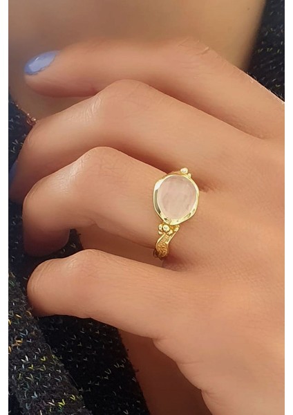 Pembe Kuvars Taşlı 925 Ayar Gümüş Üzerine Altın Kaplama Doğal Taş Yüzük