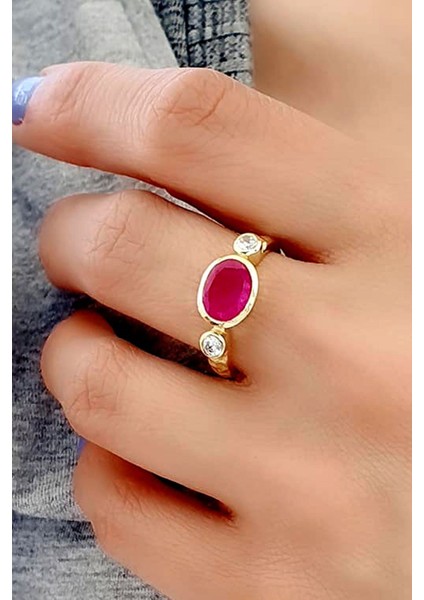 Pembe Turmalin ve Zirkon Taşlı 925AYAR Gümüş Üzerine Altın Kaplama Doğal Taş Yüzük