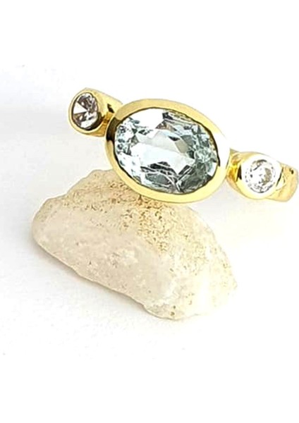 Zirkon ve Mavi Topaz Taşlı 925AYAR Gümüş Üzerine Altın Kaplama Tasarım Doğal Taş Yüzük