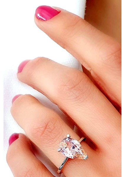 Sky Diamond Pink Morganit Taşlı 925AYAR Gümüş Lüks Damla Yüzük