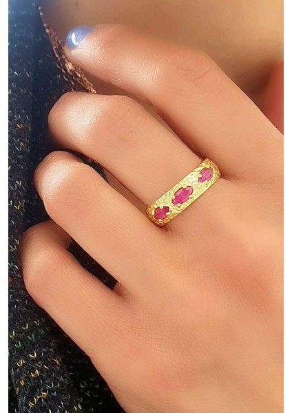 Pembe Turmalin Taşlı 925AYAR Gümüş Üzerine Altın Kaplama Tasarım Doğal Taş Yüzük