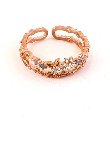 Kelebek Figürlü Swarovski Taşlı 925AYAR Gümüş Rose Ayarlanabilir Yüzük