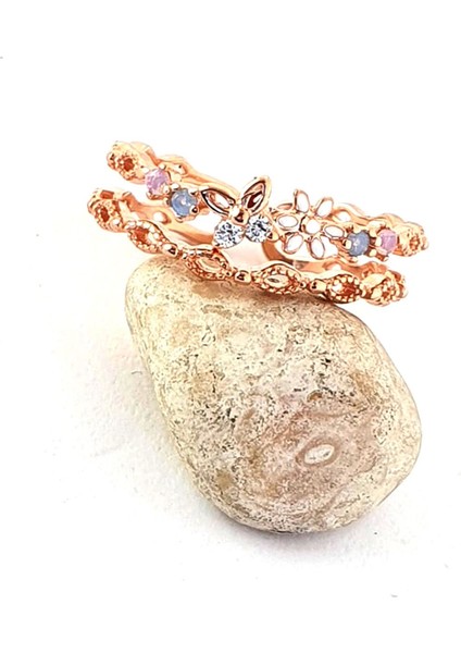 Kelebek Figürlü Swarovski Taşlı 925AYAR Gümüş Rose Ayarlanabilir Yüzük