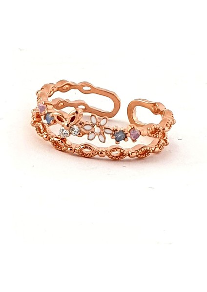 Kelebek Figürlü Swarovski Taşlı 925AYAR Gümüş Rose Ayarlanabilir Yüzük