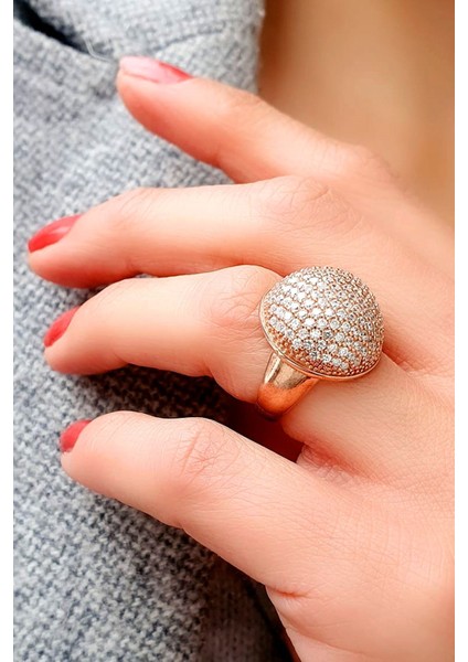 Zirkon Taşlı 925 ayar Gümüş Rose Bombeli Yüzük