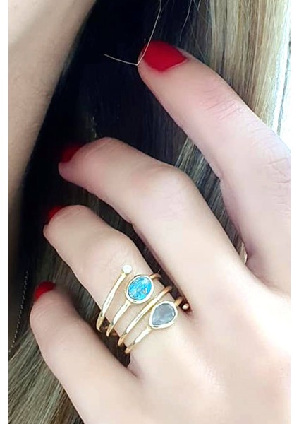Dumanlı kuvars ve turkuaz taşlı 925ayar gümüş üzerine altın kaplama ayarlanabilir yüzük