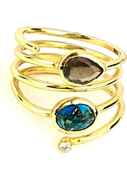 Dumanlı kuvars ve turkuaz taşlı 925ayar gümüş üzerine altın kaplama ayarlanabilir yüzük fiyatları