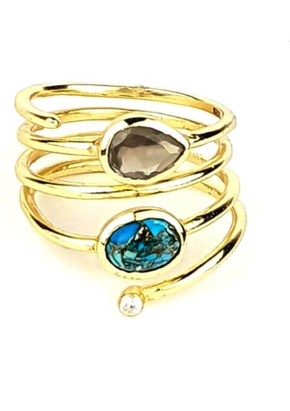 Dumanlı kuvars ve turkuaz taşlı 925ayar gümüş üzerine altın kaplama ayarlanabilir yüzük modelleri