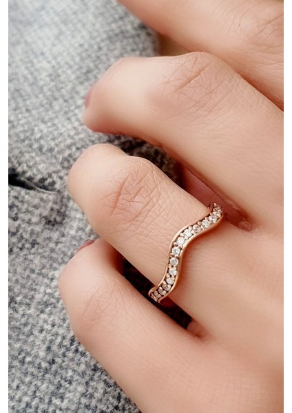 Zirkon Taşlı 925 Ayar Gümüş Rose Yarım Tur Yüzük