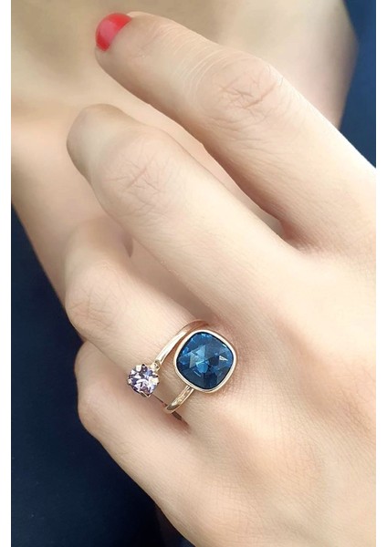 Mavi Mor Swarovski Taşlı 925ayar Gümüş Rose Ayarlanabilir Yüzük