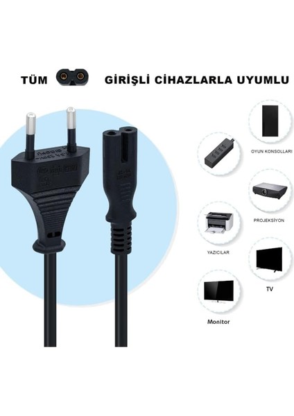 Elektronik Universal 2pin Güç Kablosu, Ps3 / Ps4 / Ps5 / Xbox Series S-X Uyumlu Güç Kablosu 1.5 Metre 2pin Güç Kablosu Projeksiyon - Monitör - Tv