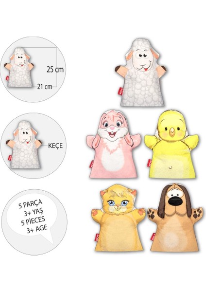 5 Parça Tox Evcil Dostlar El Kukla Set , Eğitici Oyuncak