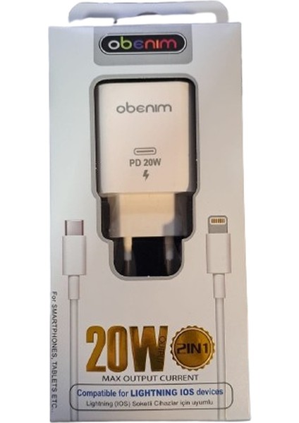 Hızlı Şarj Cihazı Lıghtnıng -Type-C 20W 7 8 x 11 12 13 14 Pro Max Tüm Serilerle Uyumlu Adaptör + Kablo Set 1 Metre Beyaz