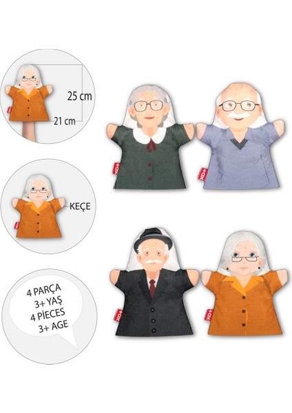 4 Parça Aile Büyükleri El Kukla Set , Eğitici Oyuncak