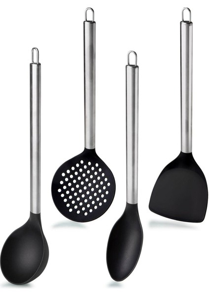 Luxury 4'lü Çelik Saplı Kepçe Kevgir Spatula Kaşık Servis Seti 1 Adet