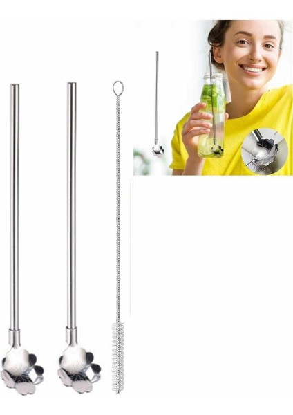Luxury Paslanmaz Metal 2'li Kaşıklı Pipet Fırça Seti 1 Adet