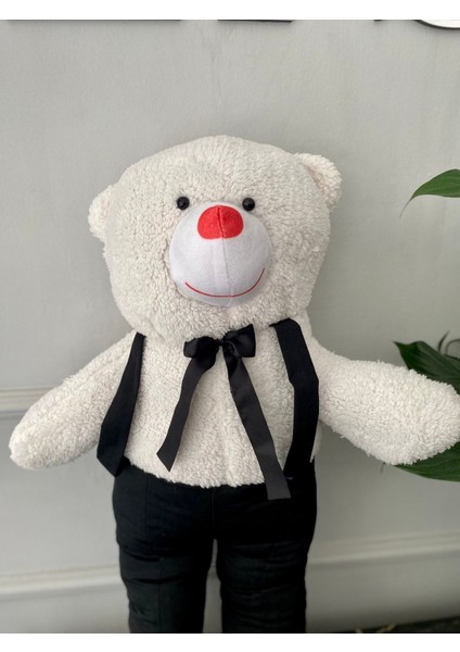 Peluş Ayı Beyaz Oyuncak Ayıcık 75 cm Kurdeleli Siyah Pantolonlu Pantolonlu Sevimli Hediyelik 1 Adet