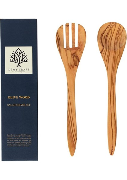 Luxury Demy Craft Zeytin Ağacı El Yapımı 2 Parça Salata Servis Seti, Ahşap Kaşık ve Çatal, 30 Cm. 1 Adet