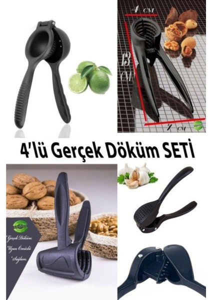 Luxury Gerçek Döküm Narenciye Limon Sıkacağı + Sarımsak Ezici + Ceviz Kıracağı + Fındık Kıracağı 4'lü Set 1 Adet