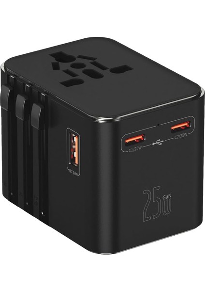25W Şarj Cihazı ve 1x USB ve 2x Type-C Girişli Universal Seyahat Adaptörü, Priz Dönüştürücü 200'DEN Fazla Ülke ile Uyumlu, Abd, Ingiltere, Aus, Ab