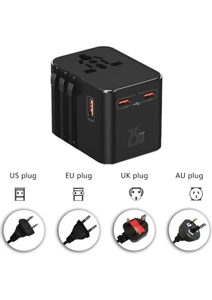 25W Şarj Cihazı ve 1x USB ve 2x Type-C Girişli Universal Seyahat Adaptörü, Priz Dönüştürücü 200'DEN Fazla Ülke ile Uyumlu, Abd, Ingiltere, Aus, Ab