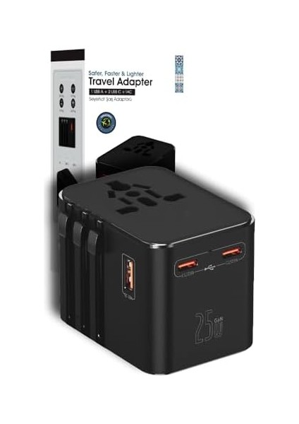 25W Şarj Cihazı ve 1x USB ve 2x Type-C Girişli Universal Seyahat Adaptörü, Priz Dönüştürücü 200'DEN Fazla Ülke ile Uyumlu, Abd, Ingiltere, Aus, Ab