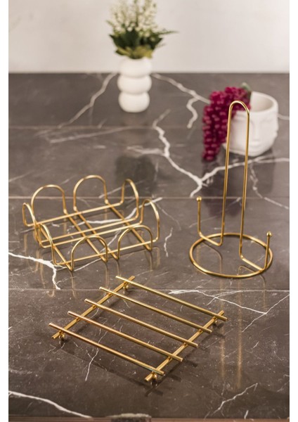 Luxury Gold 3'lü Servis Sunum Seti & Havluluk & Peçetelik & Nihale Paslanmaz 1 Adet