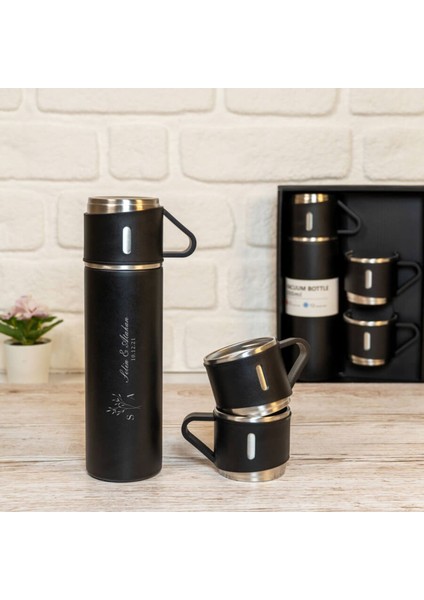 Isim Baskılı Paslanmaz Çelik Termos 2 Bardaklı Siyah