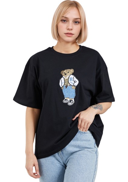 Ayıcık Işlemeli Oversize T-Shirt Bol Salaş Tişört