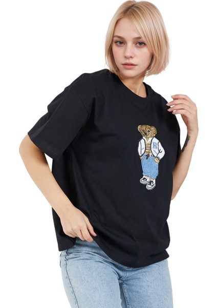 Ayıcık Işlemeli Oversize T-Shirt Bol Salaş Tişört
