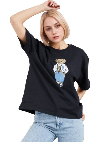 Ayıcık Işlemeli Oversize T-Shirt Bol Salaş Tişört